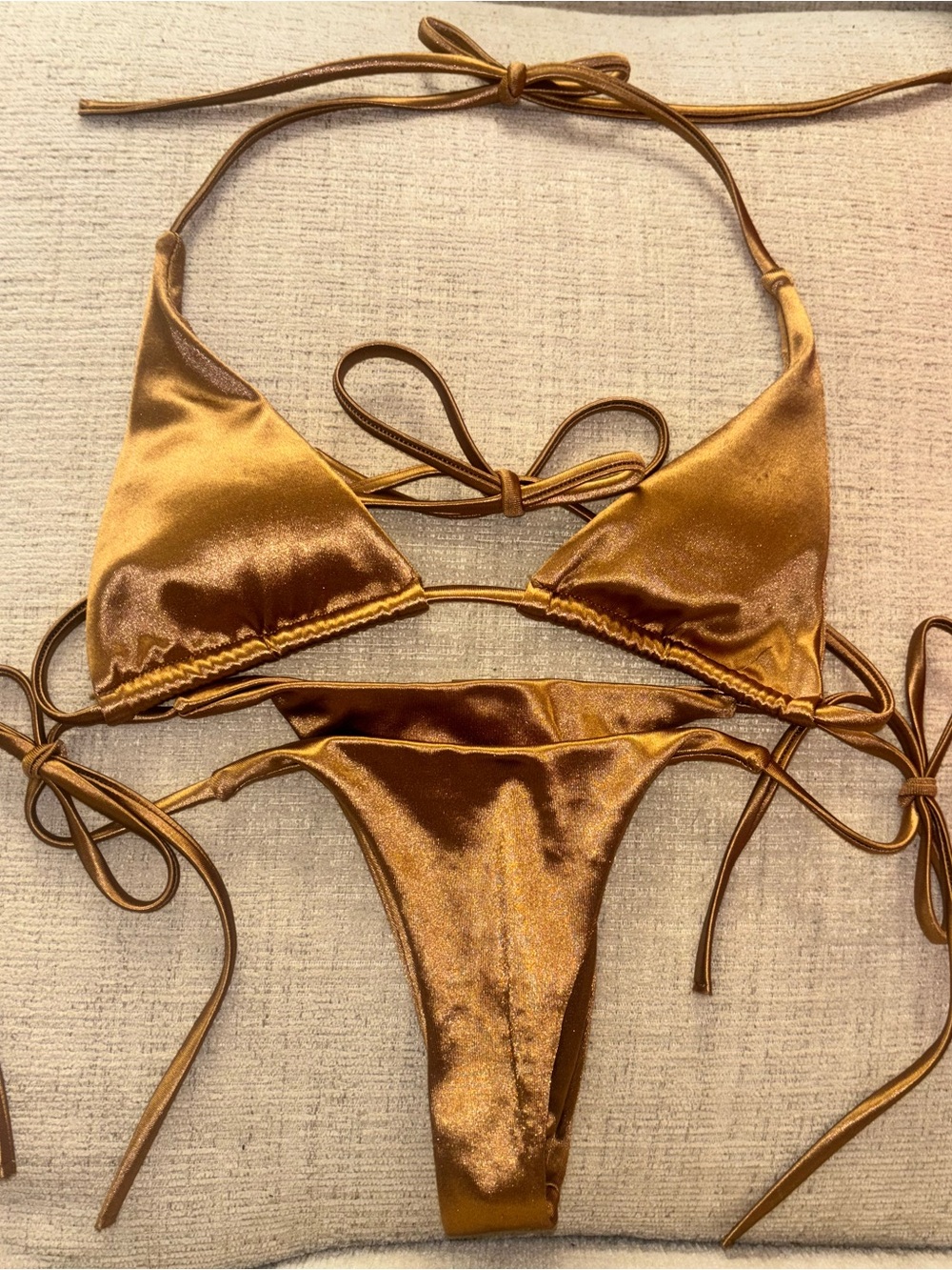 Metallic Bronze String Bikini Set XS Shiny Triangle Top High Cut Thong Vacation - Picture 2 of 7